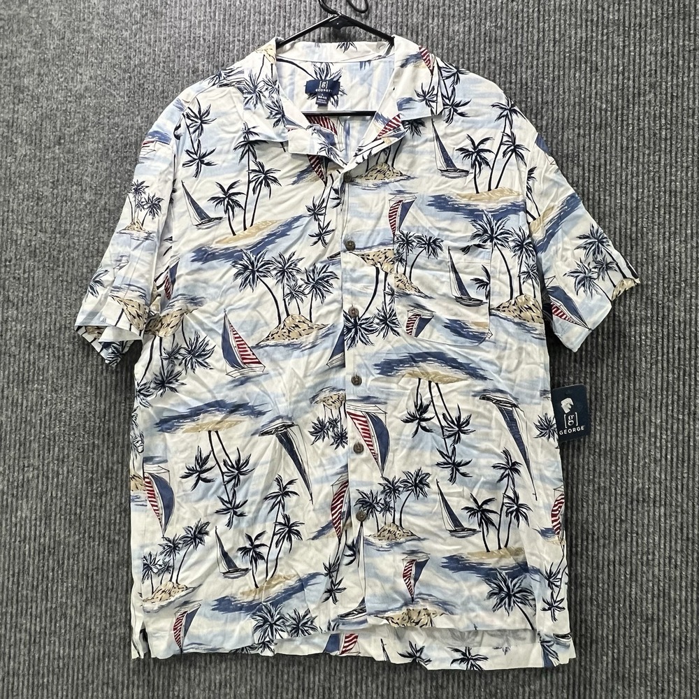 George Mens Hawaiian Button Up Short Sleeve Shirt Blue White Red Large NWT
